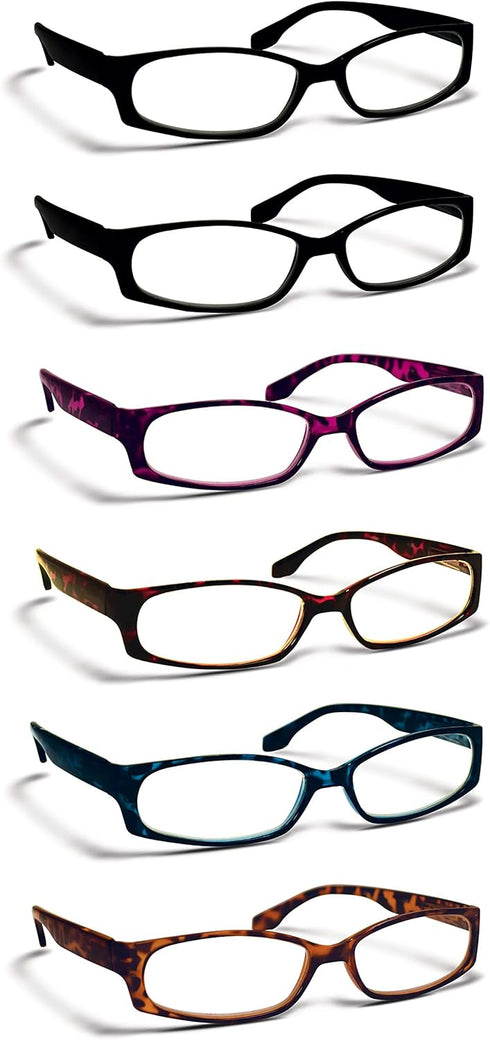 Boost Eyewear 6 Pack Reading Glasses, Modern Fashion Frames for Women and Men (Solid Black, and Blue, Red, Purple, Natural Tortoise Shell Patterns...