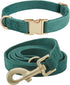 Soft Corduroy Dog Collar and Leash Set, Adjustable Cotton Dog Collars with Metal Buckle and Lead for Small Dogs,Dark Green...
