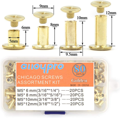 80 Sets Chicago Screws Assorted Kit 4 Sizes Golden Leather Rivets 1/4 5/16 3/8 1/2 Screw Rivets Slotted Phillip Head Book Binding Posts Nail Rivet...