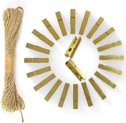 Mini Gold Clothespins - 50pcs Small Natural Wood Clothes Pin with Jute Twine for Photos Display,Gift Wrapping, Hanging Pictures Paper, Clothes Pin...