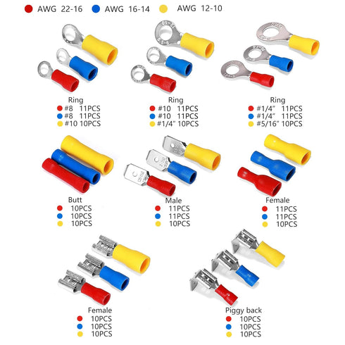 Ginsco 250Pcs Insulated Wire Connectors Assorted Crimp Terminal Kit - Quick Disconnect Ring Spade Butt Splices Piggy Back...