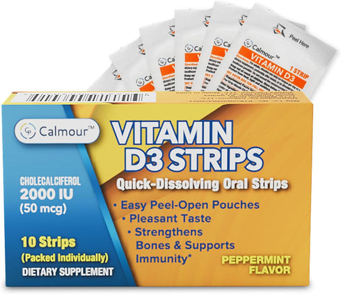 CALMOUR Vitamin D3 Strips 10 Pack| 2000 IU Oral Dissolvable D3 Vitamin Strips | Peppermint Flavor Melts on Your Tongue in 30 Seconds | Boost Immun...