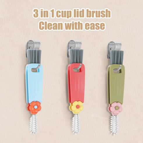 3pcs 3-in-1 Cup Lid Cleaning Brushes with 3 Straw Brushes, Cute Multifunctional 3-in-1 Cleaning Brush Colorful Cup Lid Gap Cleaner Insulated Bottl...