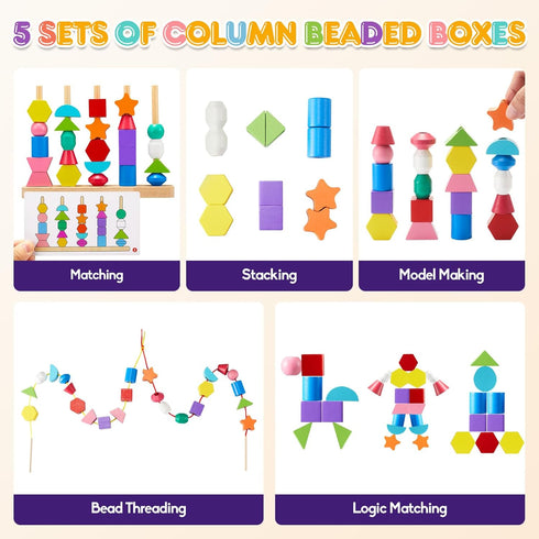 Montessori Preschool Educational Wooden toys for Toddler 3 4 5 Years Old Lacing Beads & Stacking Blocks & Shape Sorting Gifts for Kids Boy Girl El...