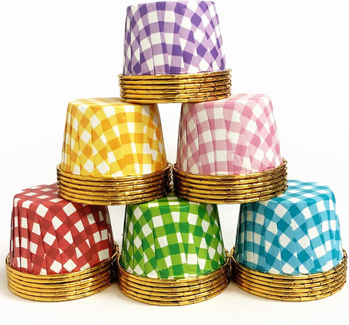 50 Pack Gingham Foil Cupcake Baking Cups, 3.5 Oz Checkered Gold Liners Muffin Mini Cake Mold Cups Wrappers Ramekins Holders (50, Purple Checkered)...