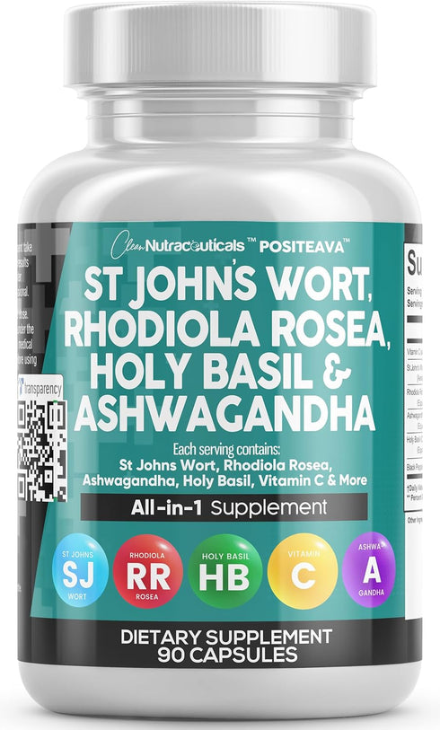 Clean Nutraceuticals St Johns Wort 10000mg Rhodiola Rosea 20000mg Holy Basil 3000mg Ashwagandha 6000mg - Mood Support for Women and Men with Vitam...