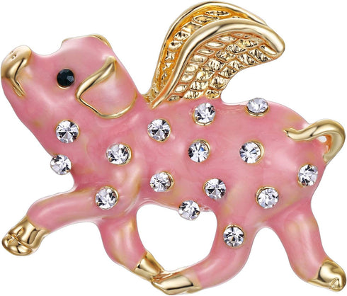 EVER FAITH Austrian Crystals Pink Enamel Lovely When Pigs Fly Brooch Clear Gold-Tone...