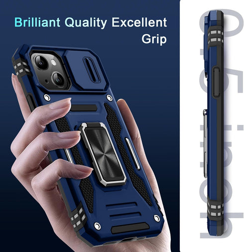DEERLAMN for iPhone 13 Case, iPhone 14 Case with Slide Camera Cover + Screen Protector (2 Packs), Rotated Ring Kickstand Military Grade Shockproof...