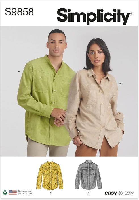 Simplicity Easy Unisex Shirts Sewing Pattern Packet, Design Code S9858, Sizes XS-S-M-L-XL-XXL, Multicolor...