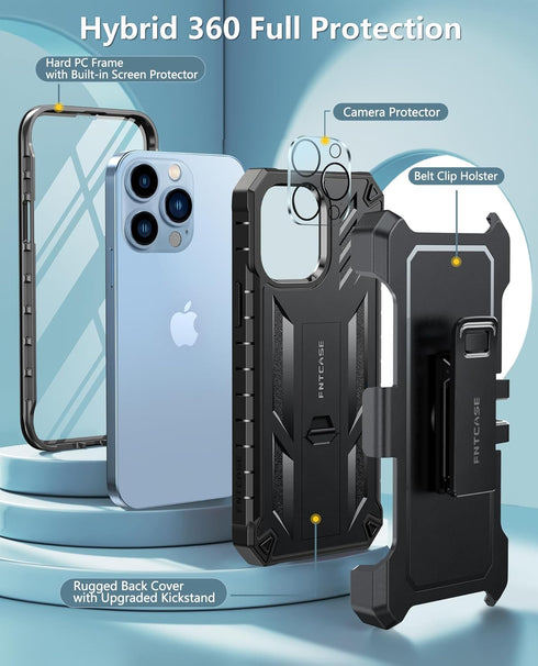 FNTCASE for iPhone 13 Pro-Max Case: Military Grade Shockproof Full Protective Rugged Cell Phone Cover with Kickstand & Belt-Clip Holster, Drop Pro...