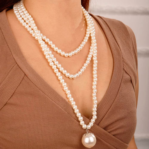 Multilayer Long Imitation Pearl Statement Necklace with Pearl Pendant and Earrings Set Vintage Costume Jewelry for Women Girls...