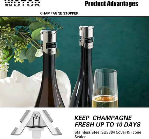 Champagne Stoppers with Stainless Steel Champagne Bottle Stopper with Food Grade Silicone Reusable Champagne Cork, Saver Suitable for Champagne, C...