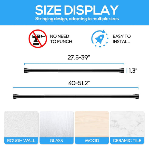 Tension Curtain Rod Spring Curtain Rod Adjustable Tension Rod 1pcs Adjustable Spring Curtain Rod, Tension Rods for Windows 28 to 48 Inch, Non Slip...