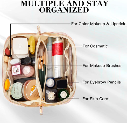 Telena Makeup Bag Large Capacity Travel Cosmetic Bag Portable Lightweight Makeup Organizer Bags for Women with Handle and Divider Open Flat Light ...