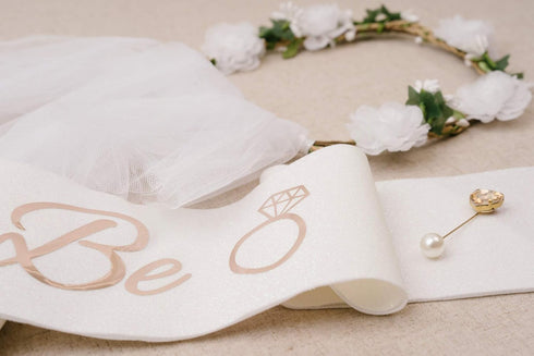 PapaKit Premium Bride to Be Party Sash, Floral Veil & Jewelry Pin Set, Glitter Sparkling Pearl White | Bachelorette Bridal Shower Engagement Weddi...