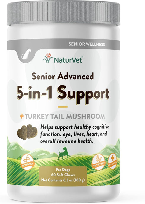 NaturVet Senior Advanced 5-in-1 Support Dog Supplement – Helps Support Immune System, Heart, Liver, Cognitive Function, Eye Health – Includes Gink...