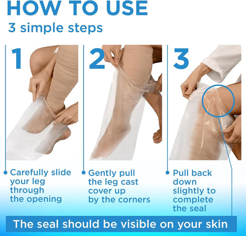 100% Waterproof Cast Covers for Shower Leg - Tight Seal - 2pk Reusable Adult Full Leg Cast Protectors - Thigh, Knee, Ankle, Foot - Strong and Dura...