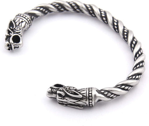 BAVIPOWER Handcrafted Wolf Heads Bangle Adjustable Stainless Steel Norse Scandinavian Bracelet Authentic Viking Jewelry...