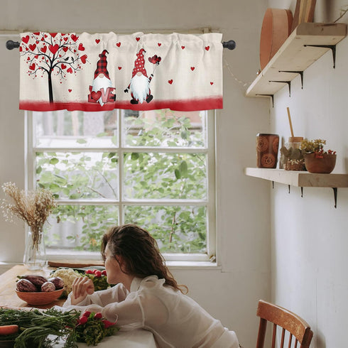 ALAGEO Valentines Day Valances Windows Curtain Gnomes Love Heart Valance Window Treatments Heart Tree Couple Birds Short Curtains for Kitchen Wind...