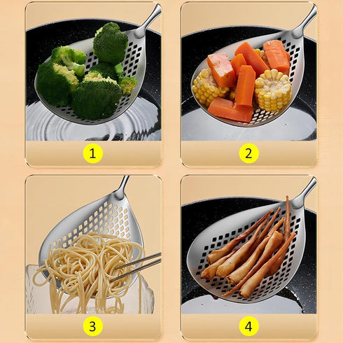 Large Stainless Steel Strainer with Comfort Handle and Hanging Holes,Food Grade Filter Spoon Solid Stainless Steel Strainer Skimmer Ladle for Kitc...