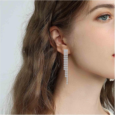 Boho Rhinestone Tassel Earrings Silver Long Crystal Chain Earrings Long Crystal Cz Drop Earrings Vintage Cz Tassels Chain Earrings Wedding Chandel...