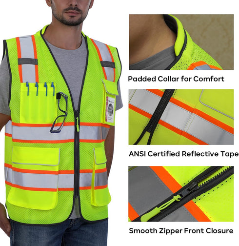 Reflective Safety Vest Yellow Mesh, High Visibility Vest with Pockets and Zipper, Padded Neck, Construction Work Vest ANSI Class 2, Yellow with Or...