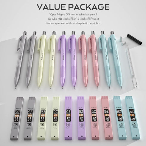 Nicpro 10 Pack 0.7 mm Mechanical Pencil Bulk Set with Case, Cute Candy Pastel Art Drafting Pencils 0.7mm with 10 Tube HB Lead Refills, Eraser for ...
