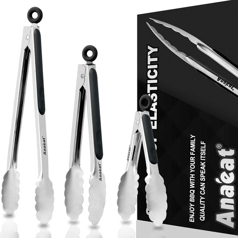 Anaeat Premium Kitchen Locking Tong Set of 3 - Heavy Duty Stainless Steel Food Tongs with Long Handle & Non-Slip Silicone Grip for Cooking, Baking...