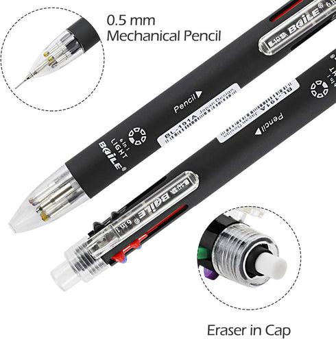 Baile 6 in 1 Multifunctional Ballpoint Pens 5 Colors 0.7 mm Ballpoint Pen and 0.5 mm Mechanical Pencil in One Pen, Pack of 5...