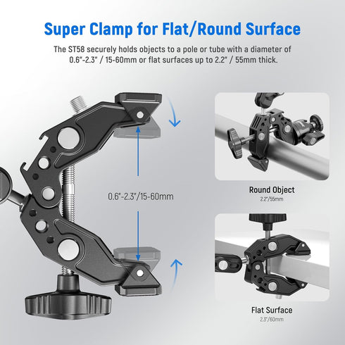 NEEWER Super Clamp with 3" Dual Ballhead Magic Arm, Ball Head Adapter, Cold Shoe, Phone Holder, Action Camera Clamp Mount for Flat/Round Surface C...
