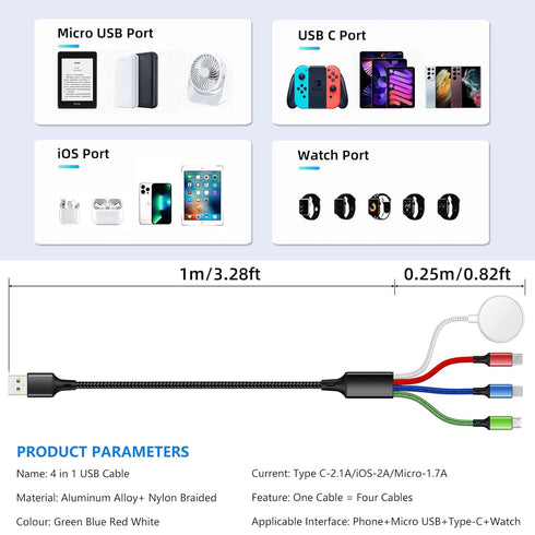Travel 4 in 1 iWatch & iPhone Charger,Multi Charging Cable for Apple Watch Charger Wireless USB C Micro Nylon Compatible with iWatch Ultra/SE/9/8/...