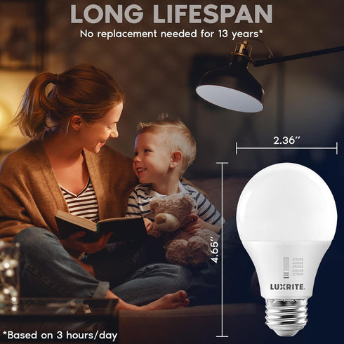 LUXRITE A19 LED Light Bulb 60 Watt Equivalent, CRI90, 5CCT 2700K 3000K 3500K 4000K 5000K, Dimmable, 800LM, Standard LED Light Bulbs 9W, E26 Base, ...
