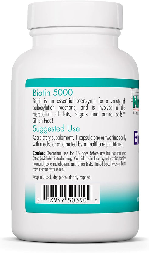 Nutricology Biotin 5000 Supplement - 5000mcg Biotin, Vitamins for Hair, Skin and Nails, High Dose, Vegetarian Capsules, Hypoallergenic, Gluten Fre...