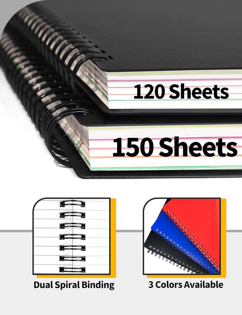 SUNEE 5 Subject Notebook College Ruled - 300 Pages, 8.2"x10.8", 5 Pocket Colored Dividers, 3-Hole Punched Paper, Black...