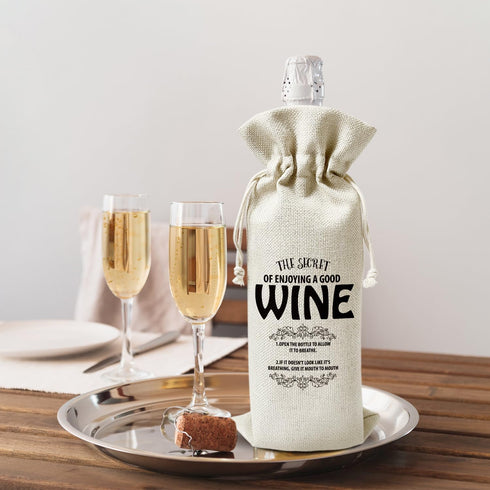 The Secret Of Enjoying Good Wine Linen Wine Bags Gift, Drawstring Wine Bottles Bags Gift for Women Men Her Him Friend Boss Coworker Teacher Mom Da...