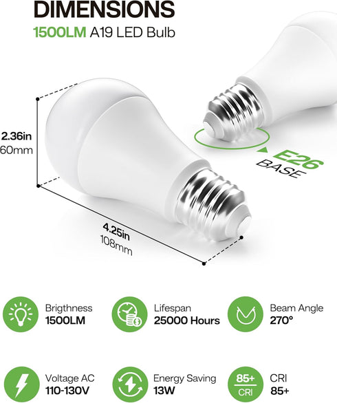 A19 LED Light Bulbs 100 Watt Equivalent Daylight 5000K, 13W 1500LM Super Bright LED Bulb, E26 Base, Energy Saving, 20000+ Hours Longevity, Non-Dim...
