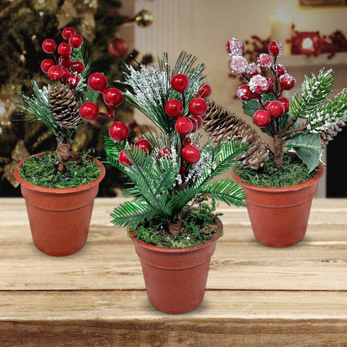 Christmas Tabletop Decorative Pots with Pine Red Berries Pine Cones Greenery - Set of 3 - Snow Flocked Xmas Holiday Decor - 7 1/2" Tall...