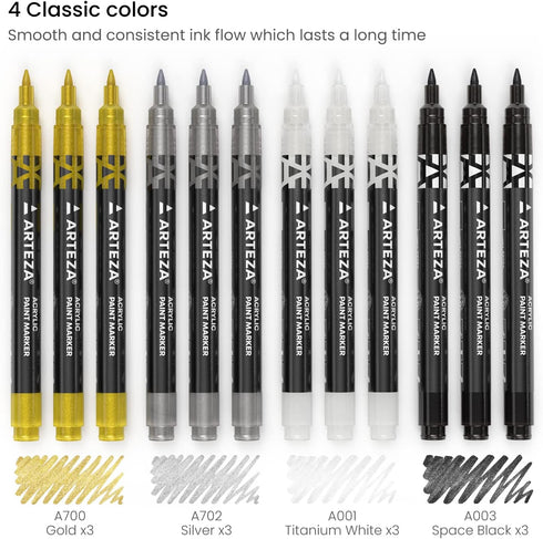 ARTEZA Acrylic Paint Markers, Set of 12 Metallic Marker Pens, 3 Gold, 3 Silver, 3 Black, 3 White, Extra-Fine Nibs, 15mm, for Stone, Glass, and Woo...