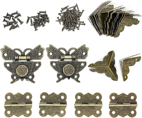 2 Sets Antique Wood Case Chest Box Hasp Latch Lock Retro Decorative Hinges and Box Corner Protectors with Screws Hardware Kit for Jewelry Box Deco...