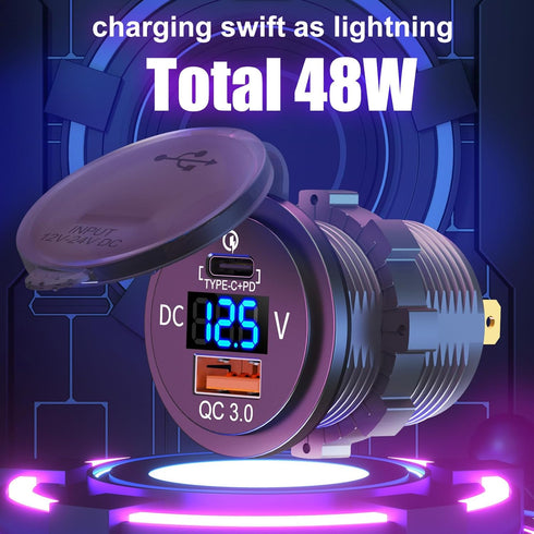 48W 12V USB Outlet USB C Car Socket, PD 30W and QC 18W Car USB Ports Waterproof Cigarette Lighter Replacement Car Charger Power Outlet with LED Di...