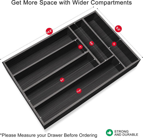 Ayiaren Kitchen Wood Utensil Tray Drawer Organizer, Wooden Cutlery Tray Silverware Drawer Divider 14.6"x9.5" Flatware Organizer Black Bamboo Silve...