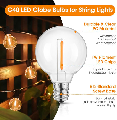 Mlambert G40 LED Replacement Light Bulbs for String Lights, Dimmable E12 Base Shatterproof Bulbs, 1W Equal to 5W, Amber Warm 2200K, 25Pack, Not So...
