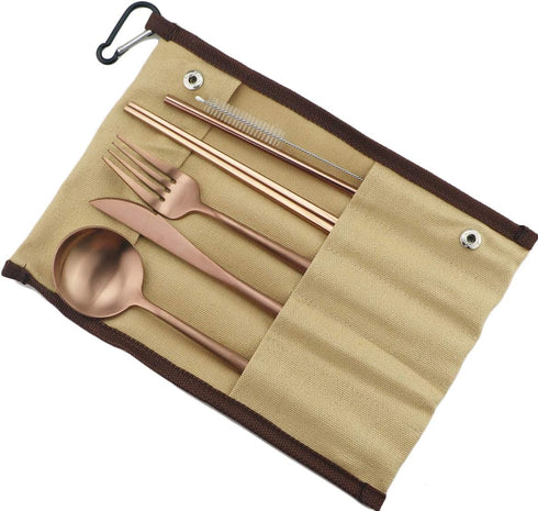 Reusable Travel Utensils, 7 Piece Portable 304 Stainless Steel including Knife Fork Spoon Chopsticks Cleaning Brush Straws Portable Pouch, Eco-fri...