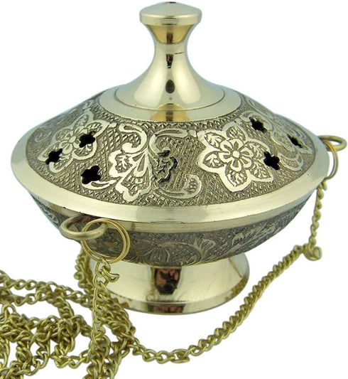 Religious Gifts Gold Plate over Brass Conical Incense Holder, 3 1/2" Dia - 3" H with 9" Chain...