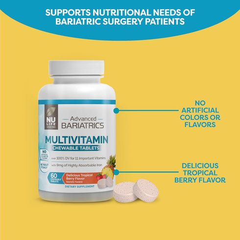 Nu-Life Advanced Bariatrics Multivitamin Chewable Tablets, Bariatric Mulivitamin with Iron - Tropical Berry (60 Chewable Tablets) (Packaging May V...
