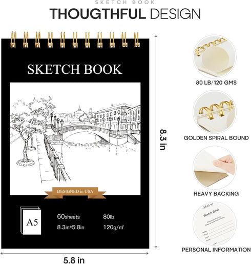 Stilip 5.5" x 8.5"Sketch Book,1-Pack 60-Sheets(80lb/120gsm),Top Spiral Bound Sketch Pad,Acid Free Art Sketchbook Artistic Drawing Pad for Beginner...