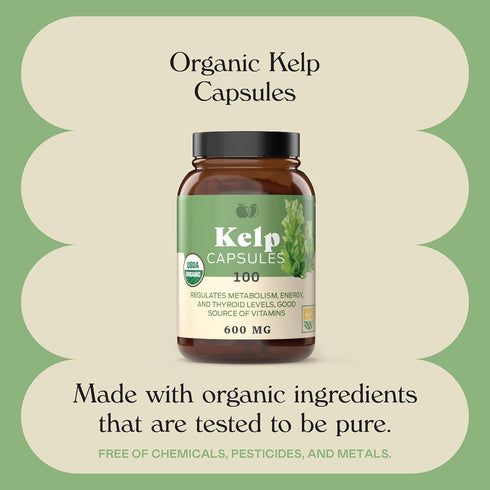 Raw Sea Kelp Powder Supplement - 600mg Capsules 100 Pills Powdered Raw Seaweed & Thyroid Support Supplement...