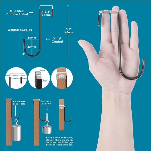 Over The Door Hooks 5.5" 4Pcs for 1 3/8" Door Black Plastic Coating Wreath Door Hanger Hook for Hanging Ironing Board Towel Rack Bathroom Closet C...