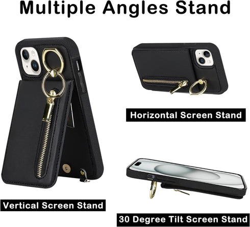uCOLOR for iPhone 13/14/15 Wallet Case with Card Holders for Women, Crossbody Zipper Protective Leather Case with Strap Wrist Ring RFID Protective...