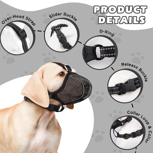 Dog Muzzle,Mesh Soft Muzzle for Small Medium Large Sized Dogs, Breathable Reflective Adjustable Puppy Muzzles with Collar for Scavenging Grooming ...